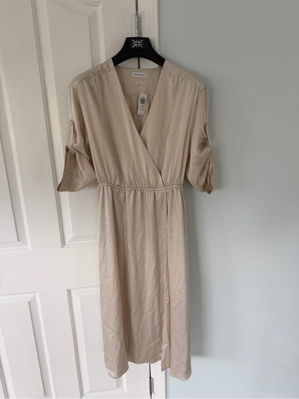 Babaton Neutral Wrap Midi Dress in Beige